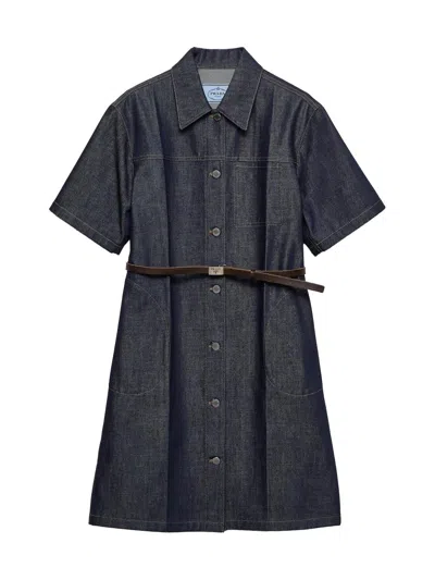 Prada Womens Blue Short-sleeve Belted Denim Mini Dress