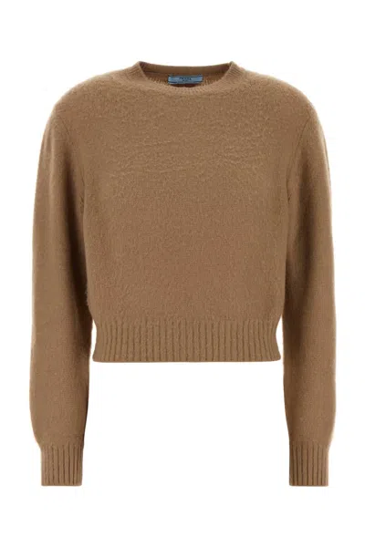 Prada Cashmere Ribbed Crew-neck Sweater In Beige