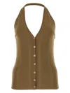 Prada Cotton Knit Halter V-neck With Ribbed Texture And Button Accents