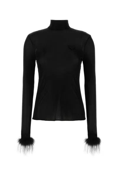 Prada Feather Cuff High Neck Sheer Fabric Top In Black
