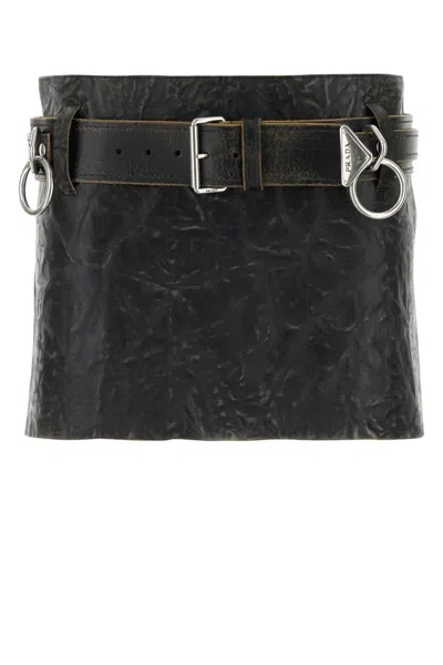 Prada Women Black Leather Mini Skirt