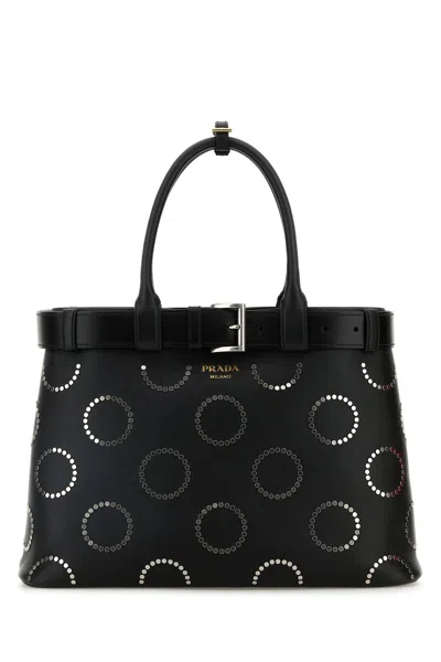 Prada Large Studded Buckle Handbag Top Handle In Black