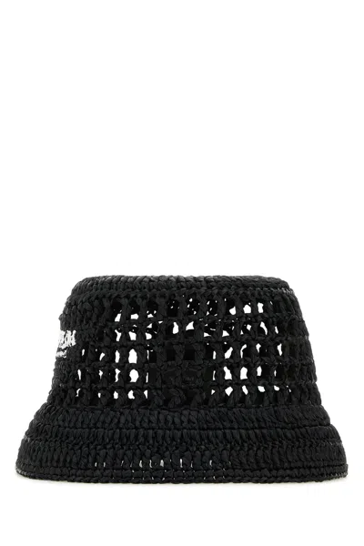 Prada Women Black Raffia Bucket Hat