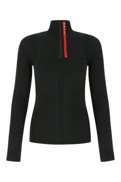 Prada Ribbed High Collar Slim Fit Top In Black