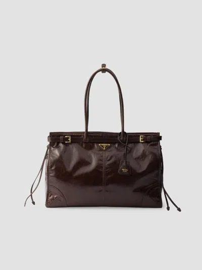 Prada Women's Bonnie Extra-large Leather Top Handle Bag In Dark Brown