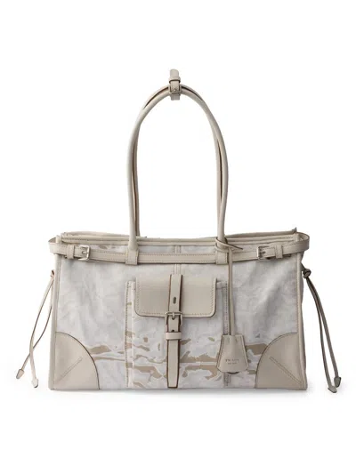 Prada Women's Bonnie Large Printed Linen And Leather Handbag In White