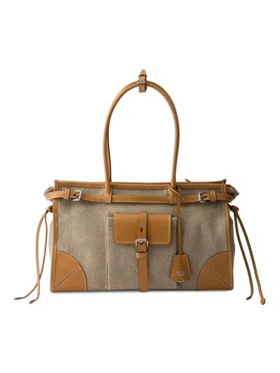 Prada Bonnie Linen And Leather Tote Bag In Neutral