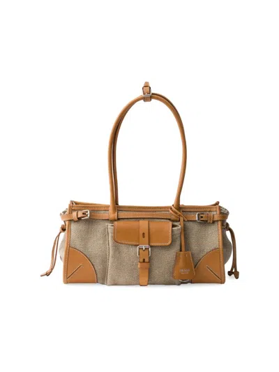 Prada Women's Bonnie Medium Linen And Leather East West Bag