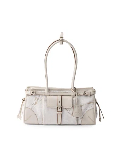 Prada Bonnie Medium Printed Linen And Leather Handbag In Neutral