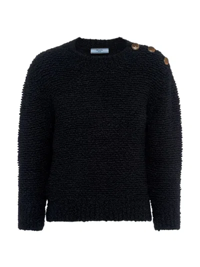 Prada Wool Boucle Knit Sweater With Shoulder Buttons In Black