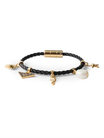 Prada Women's Braided Nappa Leather Charm Bracelet In Black