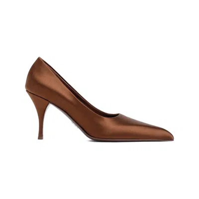 Prada Women's Brown Silk Pumps With Leather Heel