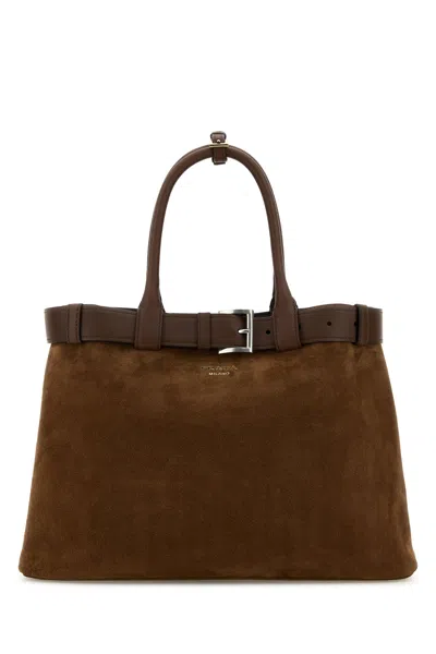 Prada Women Brown Suede  Buckle Large Handbag