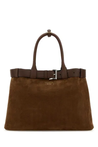 Prada Women Brown Suede  Buckle Large Handbag