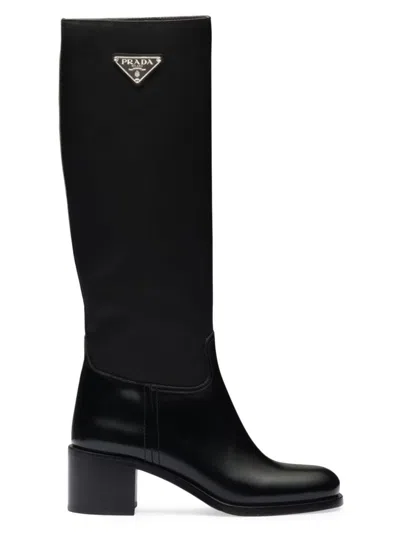 Prada Women's Brushed Leather And Re-nylon Boots In Black