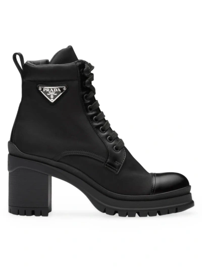 Prada Women's Brushed Leather And Re-nylon Laced Booties In Black