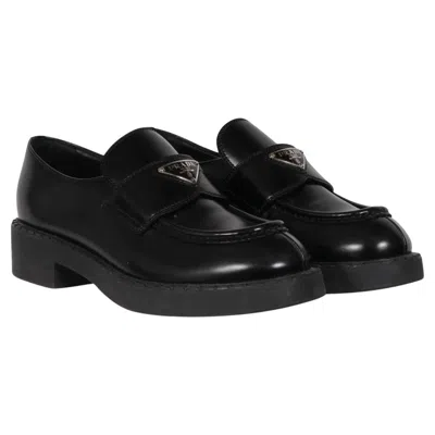 Pre-owned Prada Women Brushed Leather Chocolate Loafers Size Us 9 Eu 39 Black Logo Plaque