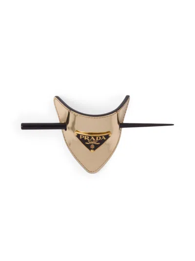 Prada Triangle-logo Leather Hair Clasp In Gold