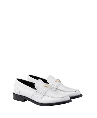 Prada Triangle Logo Brushed Leather Loafers In White