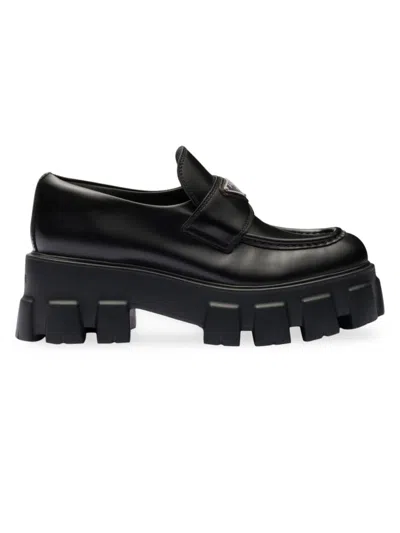 Prada Women's Brushed Leather Monolith Loafers In Black