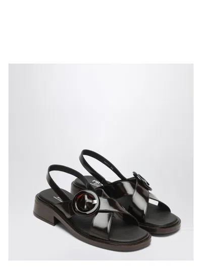 PRADA WOMEN'S BRUSHED LEATHER SANDALS WITH A BURNT COLOR BUCKLE