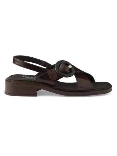 Prada Brushed Leather Crisscross Band Sandals With Plexiglas Buckle Shoes In Multi