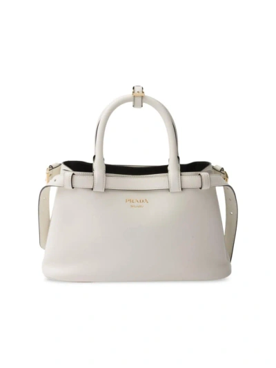 Prada Women's Buckle Small Leather Handbag With Double Belt In White