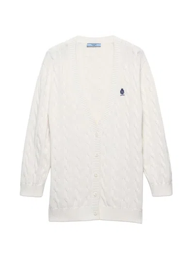Prada Women's Cable-knit Cotton Cardigan In White
