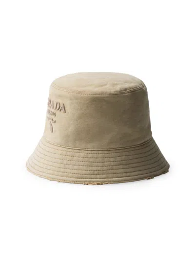 Prada Logo-embroidered Cotton Bucket Hat In Beige Khaki