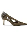 Prada Canvas Pumps Slingback Pointed Toe Embellished Heel In Green