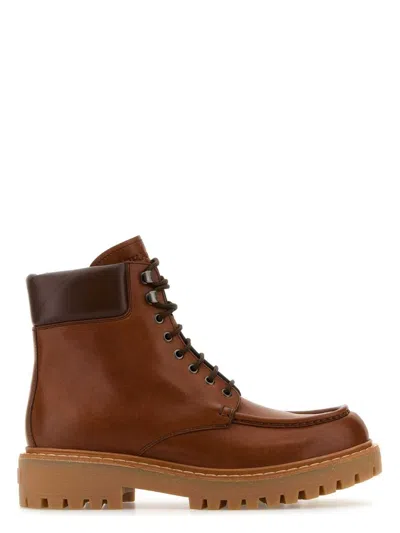 PRADA WOMEN'S CARAMEL LEATHER ANKLE BOOTS