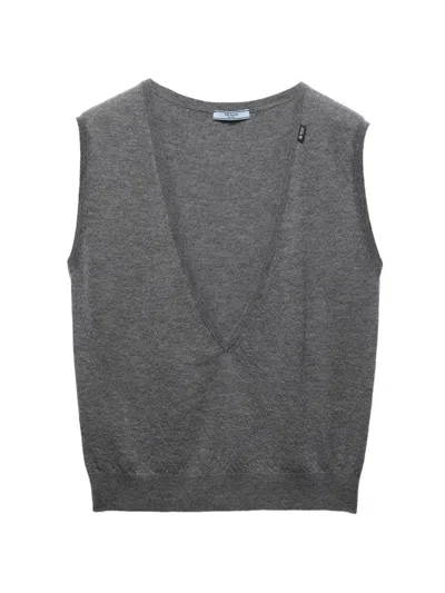 Prada Women's Cashmere V-neck Vest Sweater In Gray