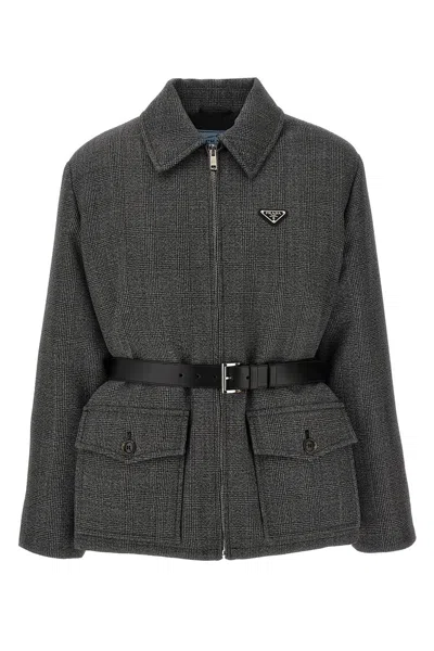 Prada Women Check Logo Down Jacket In Gray