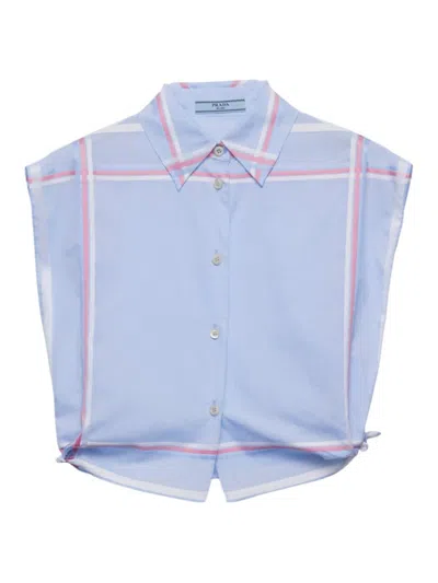 Prada Women's Checked Cropped Cotton Shirt In Light Blue