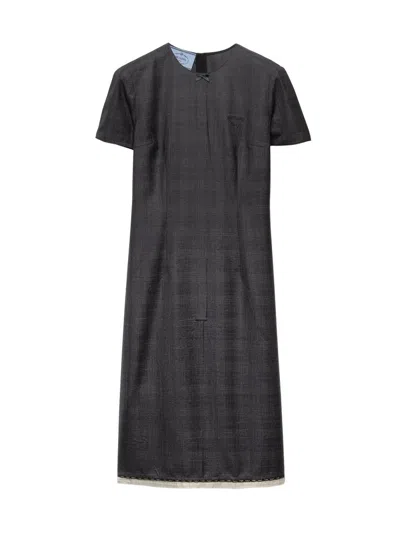 Prada Checkered Wool Short-sleeve Dress In Gray