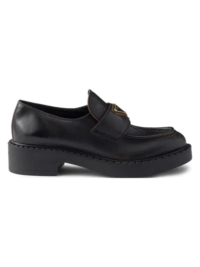 Prada Women's Chocolate Antiqued Leather Loafers In Black
