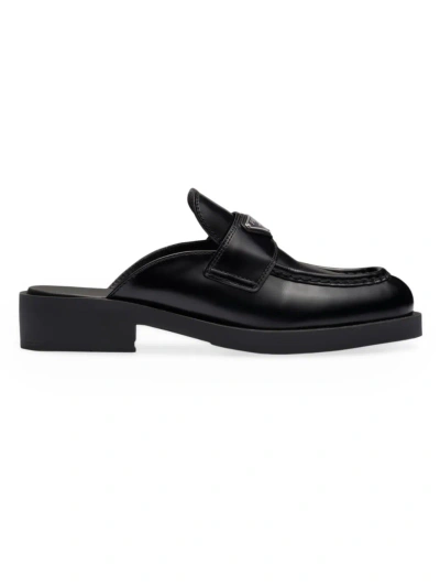 Prada Women's Chocolate Brushed Leather Mules In Black