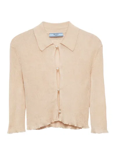 Prada Button-embellished Slim-fit Cotton-knit Cardigan In Neutral