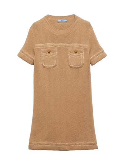 Prada Pocket-embellished Straight-hem Cotton Mini Dress In Beige Khaki