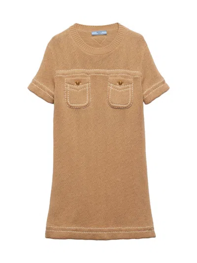 Prada Women's Cotton Crew-neck Dress In Beige Khaki