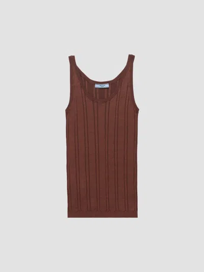 Prada Ribbed Knit Tank Top Scoop Neckline In Brown