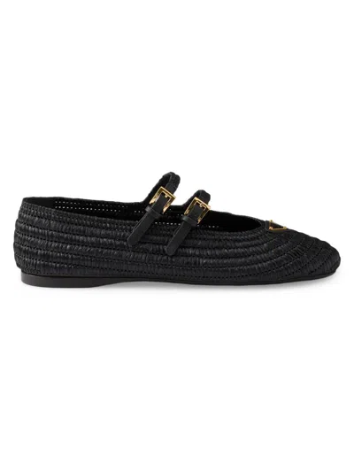 Prada Woven Flat Shoes With Adjustable Gold-tone Straps In Black