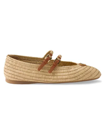 Prada Stuoia Raffia Dual Mary Jane Ballerina Flats In Nude