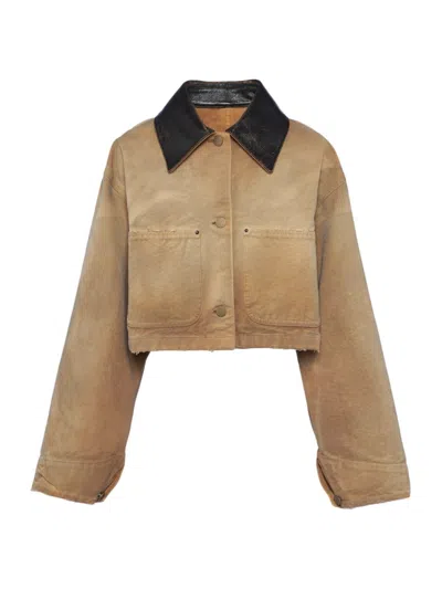 Prada Leather-collar Cropped Cotton Jacket In Beige Khaki