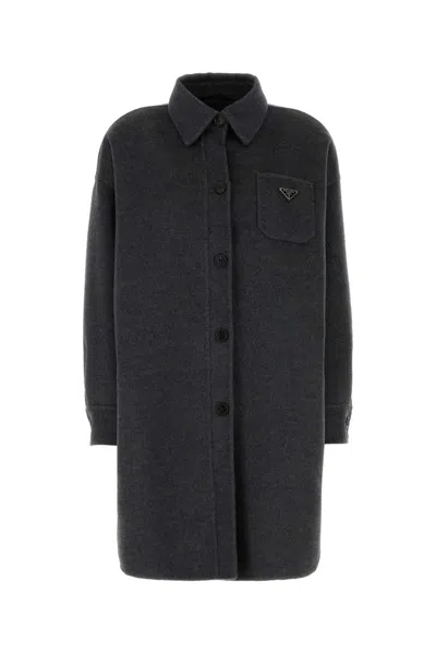 Prada Cappotto In Misto Lana Grigio Scuro Donna In Grey