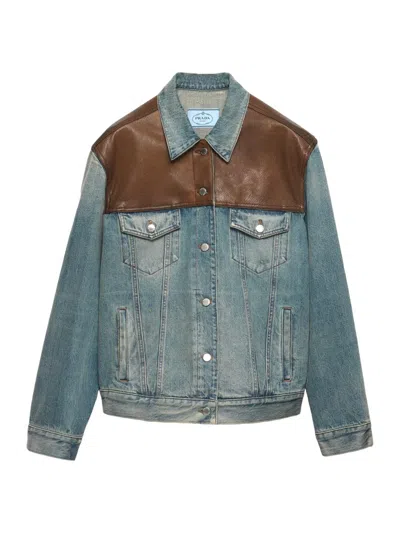 Prada Women's Denim And Leather Blouson Jacket In Blue