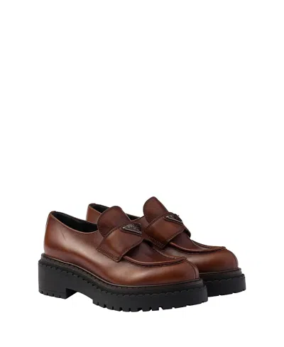 Prada Chocolate Cognac Brushed Leather Moccasin Women In Brown
