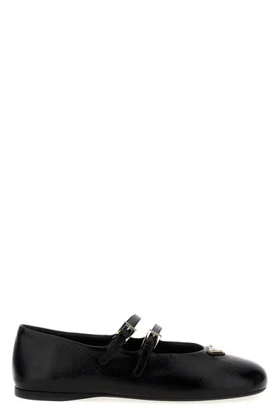 Prada Women Double Strap Ballet Flats In Black