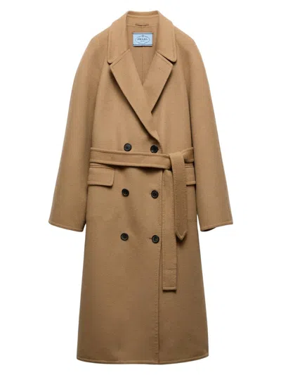 Prada Double-breasted Cashgora Coat In Brown