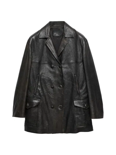 Prada Women's Double-breasted Nappa Leather Caban Jacket In Black